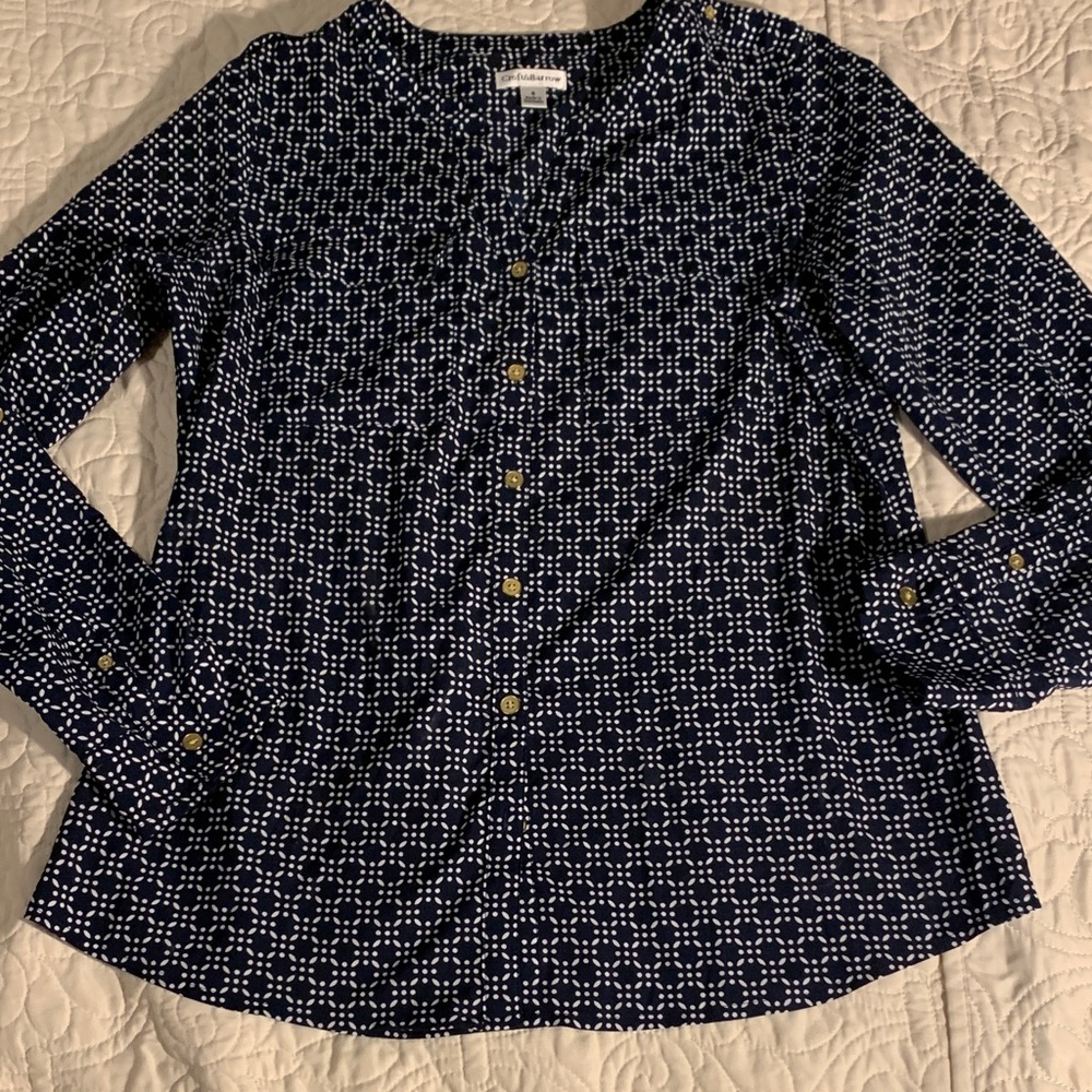 croft & barrow Navy and White Printed Button-Front Top